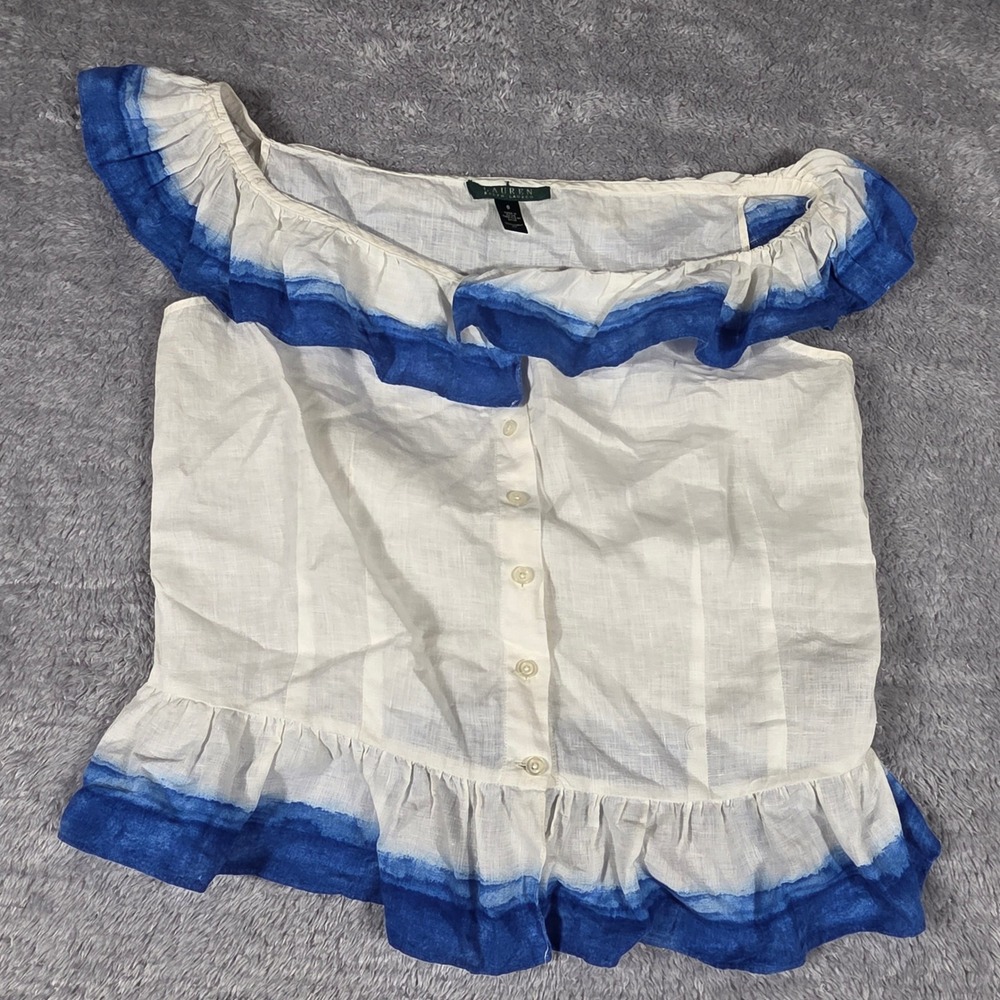 Lauren Ralph Lauren Blouse Women 8 White Blue Excellent Linen Ruffle Dip Dye Top